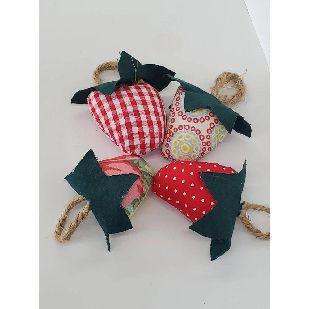 Handmade Fabric Strawberry Ornaments Set of 4 Rustic Farmhouse Decor Red Gingham